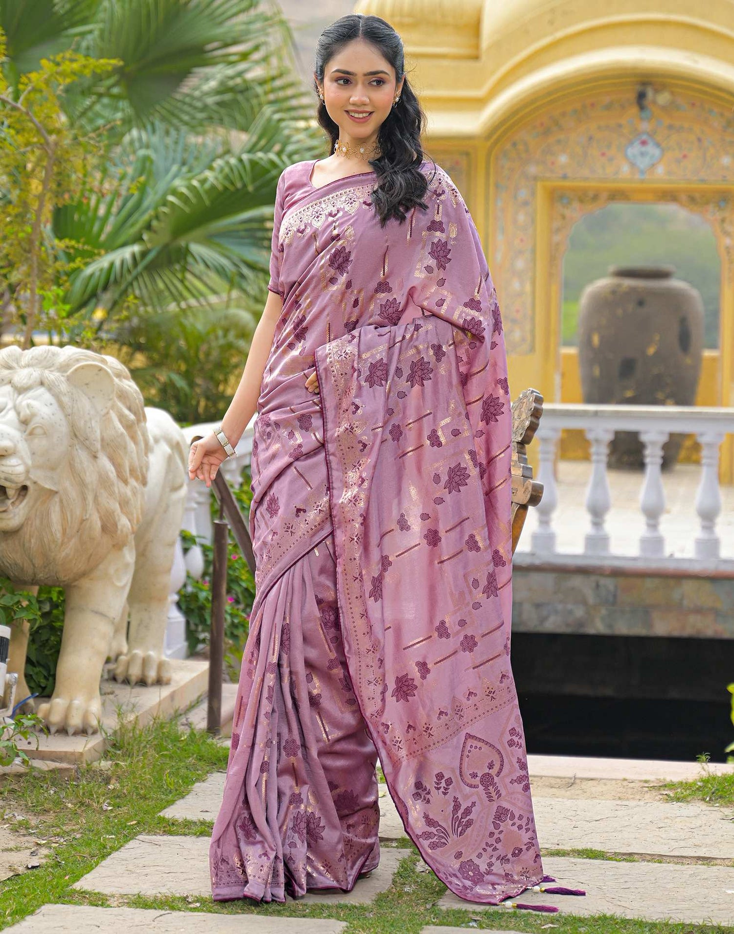 Dusty Mauve Vichitra Silk Foil Printed Saree