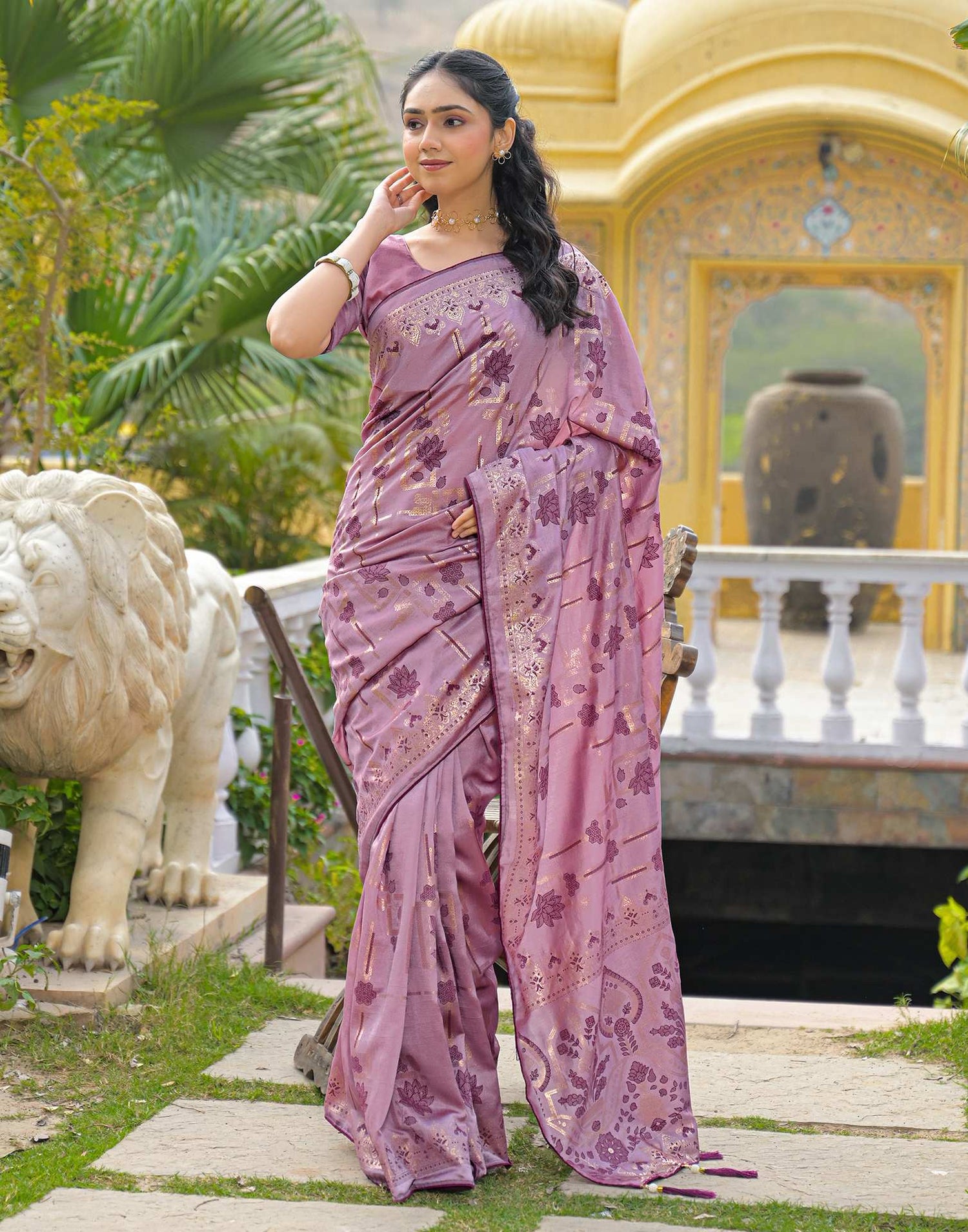 Dusty Mauve Vichitra Silk Foil Printed Saree
