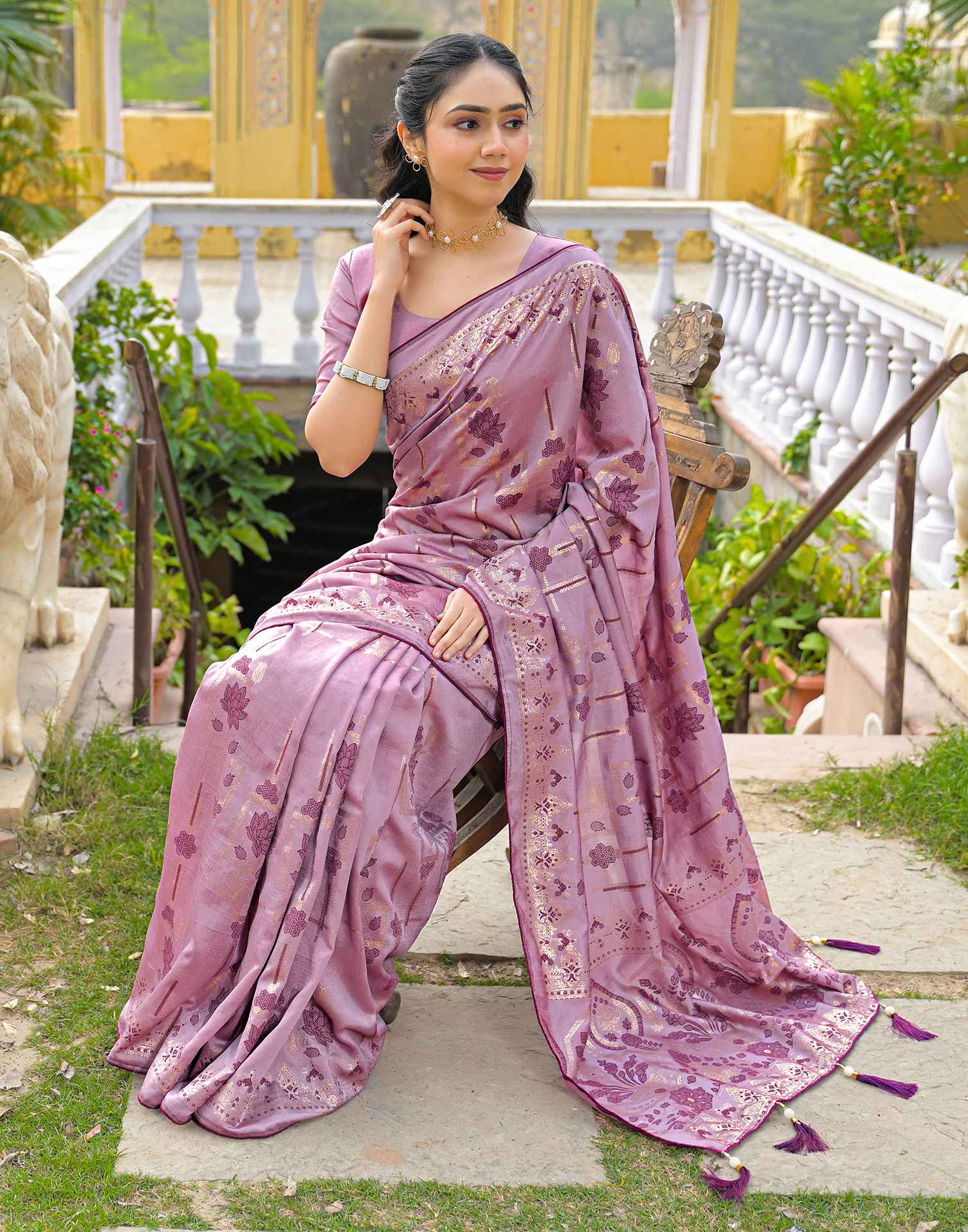 Dusty Mauve Vichitra Silk Foil Printed Saree