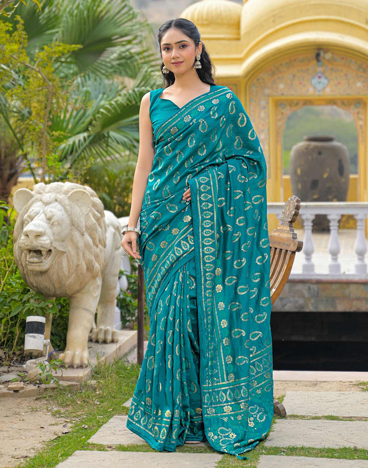 Teal Blue Vichitra Silk Foil Printed Saree