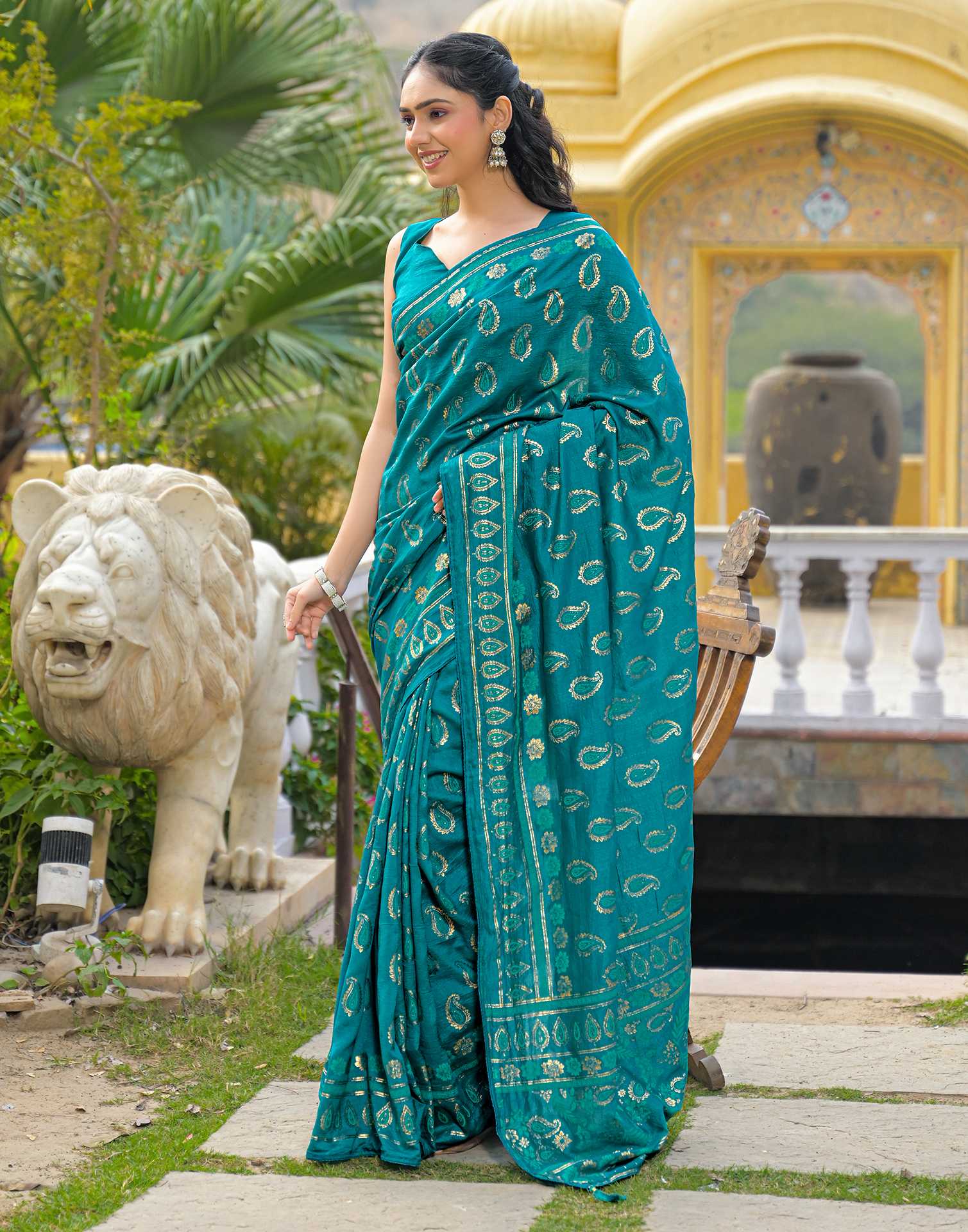 Teal Blue Vichitra Silk Foil Printed Saree