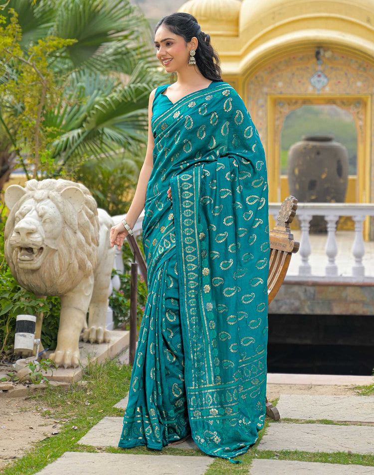 Teal Blue Vichitra Silk Foil Printed Saree