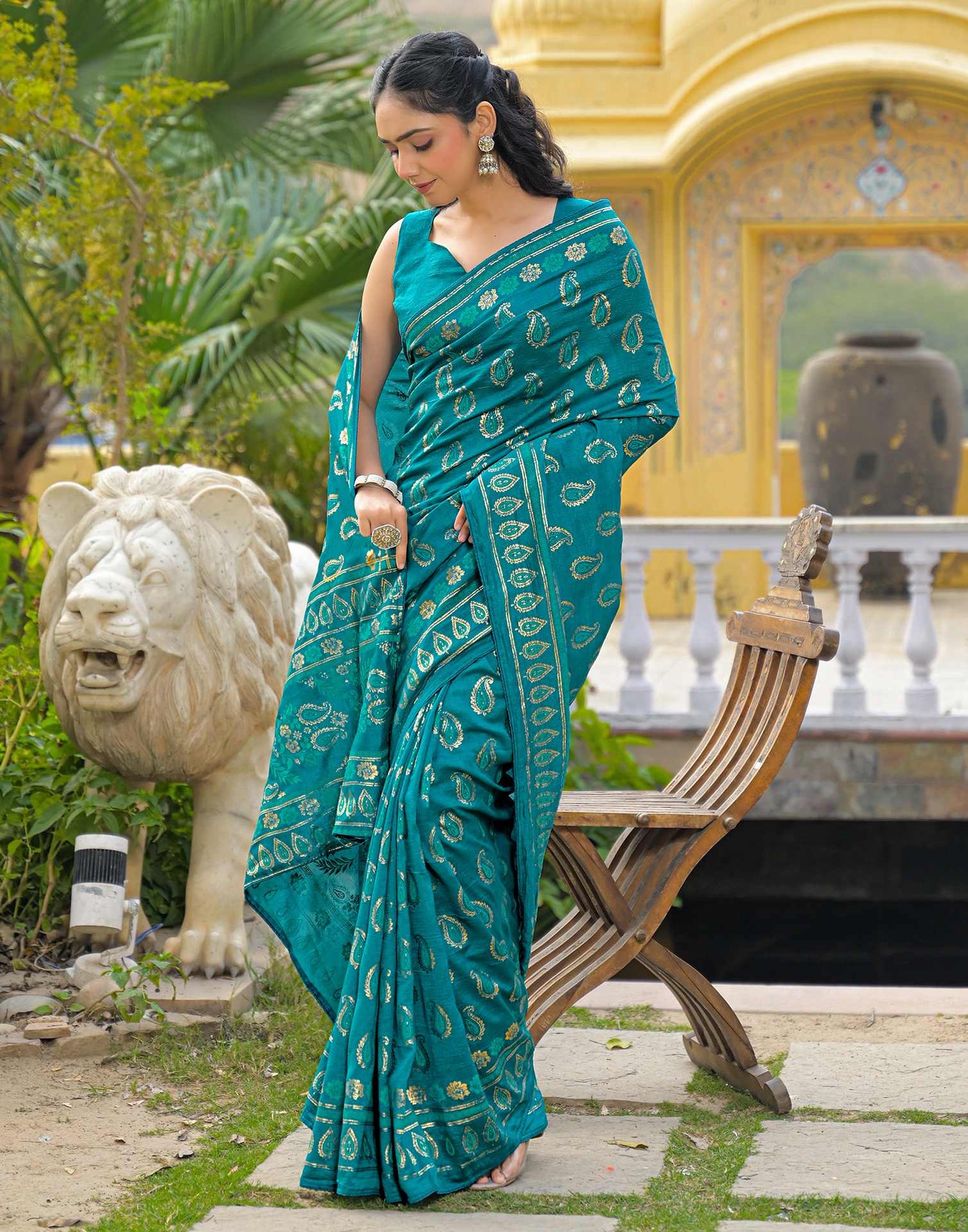 Teal Blue Vichitra Silk Foil Printed Saree