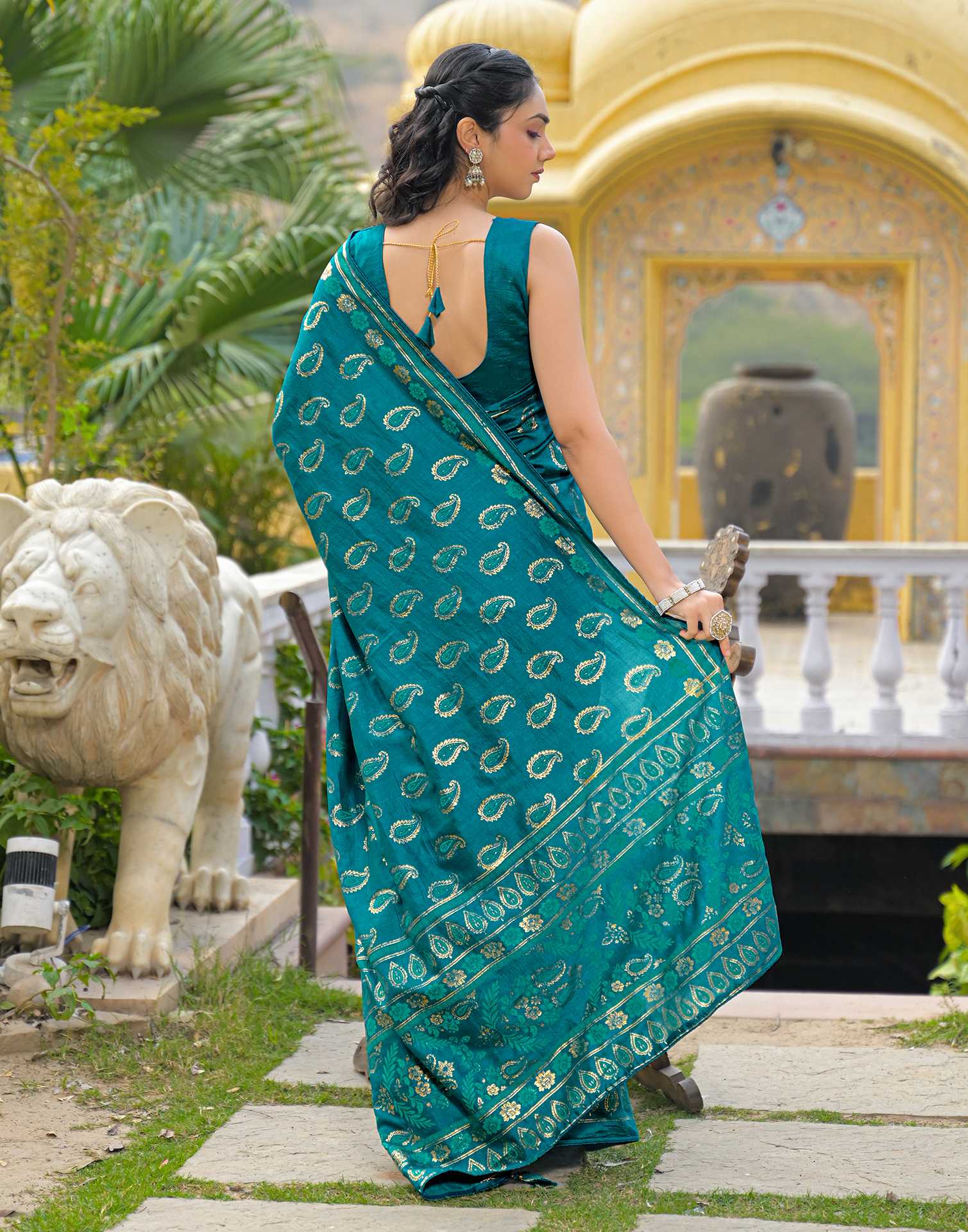 Teal Blue Vichitra Silk Foil Printed Saree
