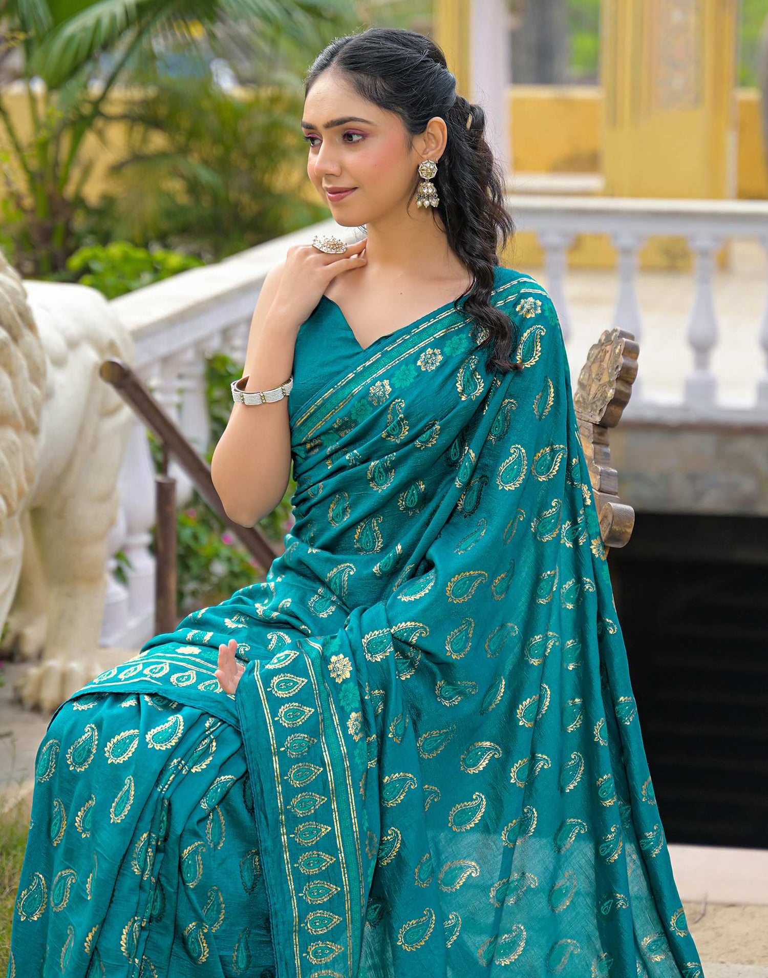 Teal Blue Vichitra Silk Foil Printed Saree