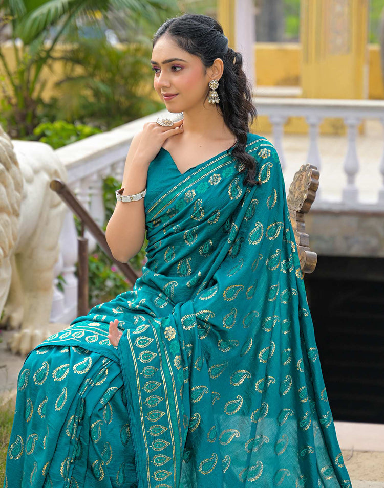 Teal Blue Vichitra Silk Foil Printed Saree