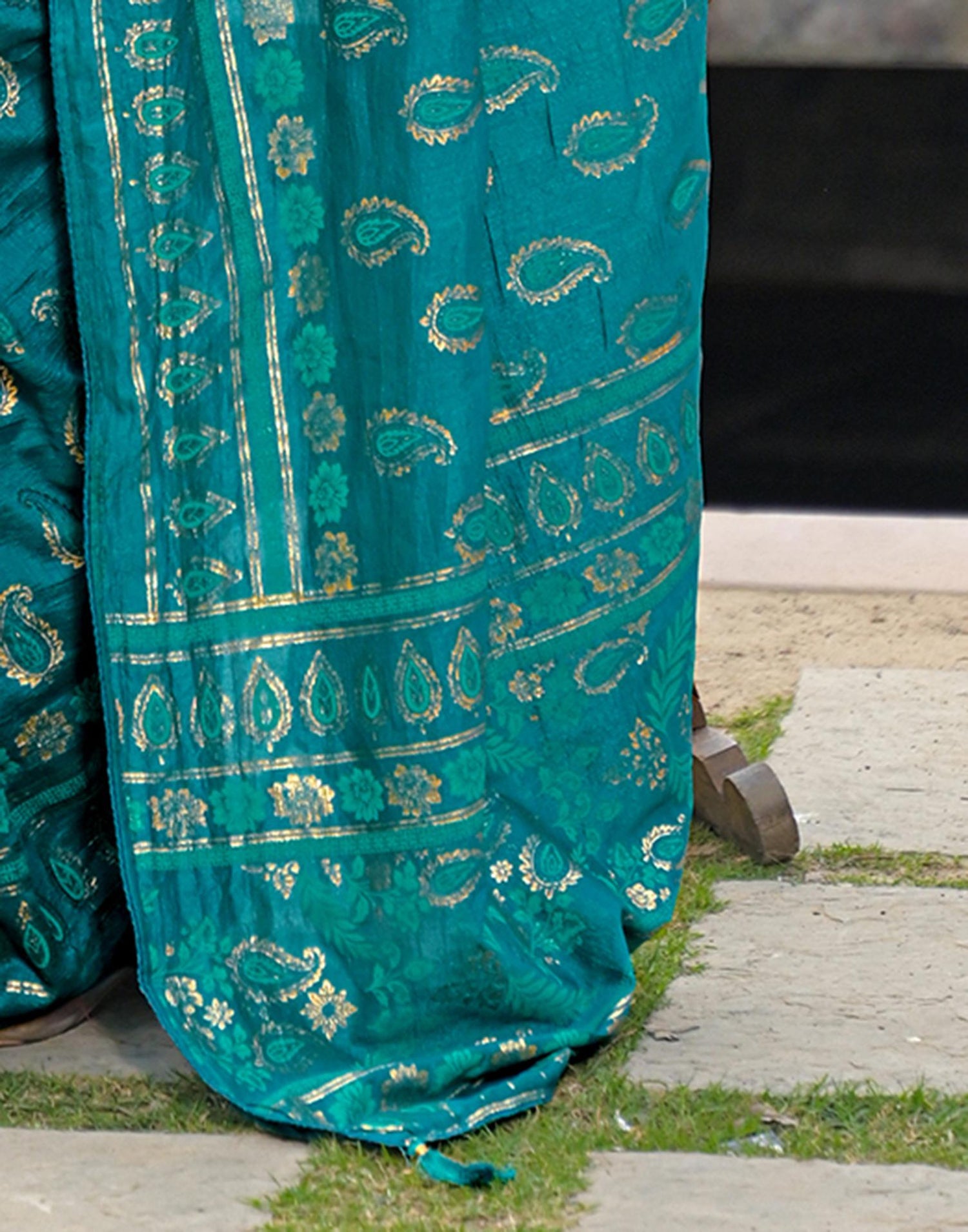 Teal Blue Vichitra Silk Foil Printed Saree