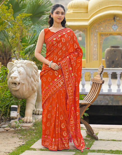 Orange Vichitra Silk Foil Printed Saree
