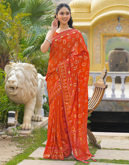 Orange Vichitra Silk Foil Printed Saree