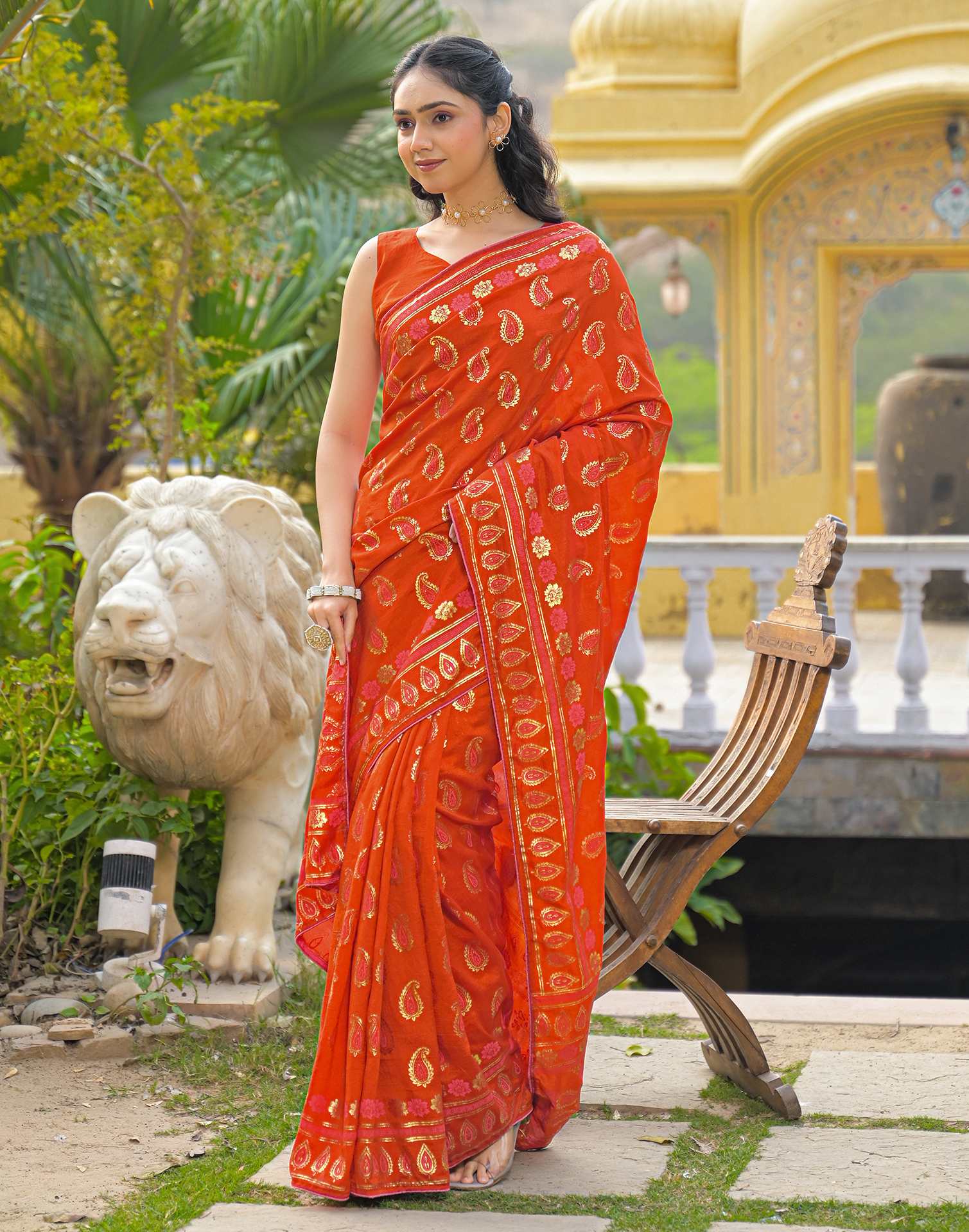Orange Vichitra Silk Foil Printed Saree