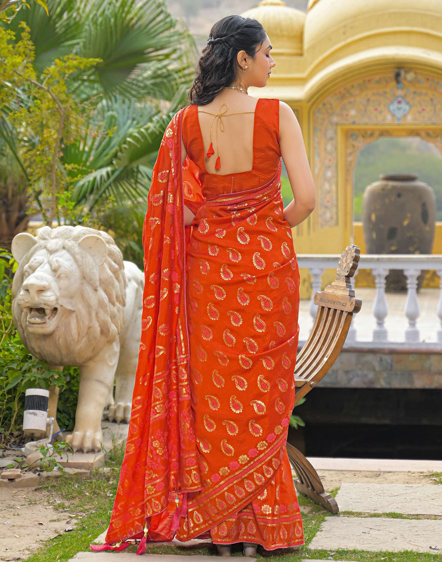 Orange Vichitra Silk Foil Printed Saree
