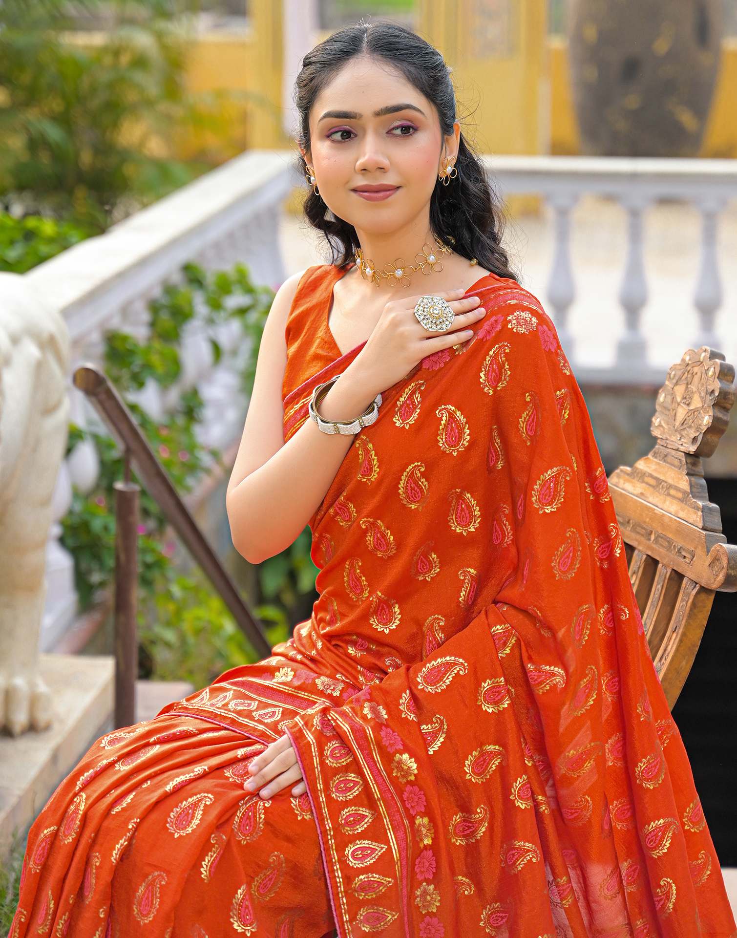 Orange Vichitra Silk Foil Printed Saree