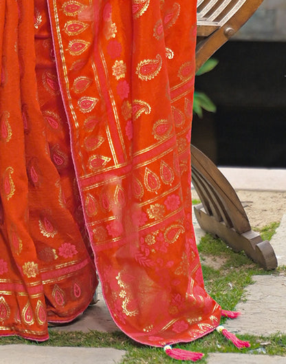 Orange Vichitra Silk Foil Printed Saree