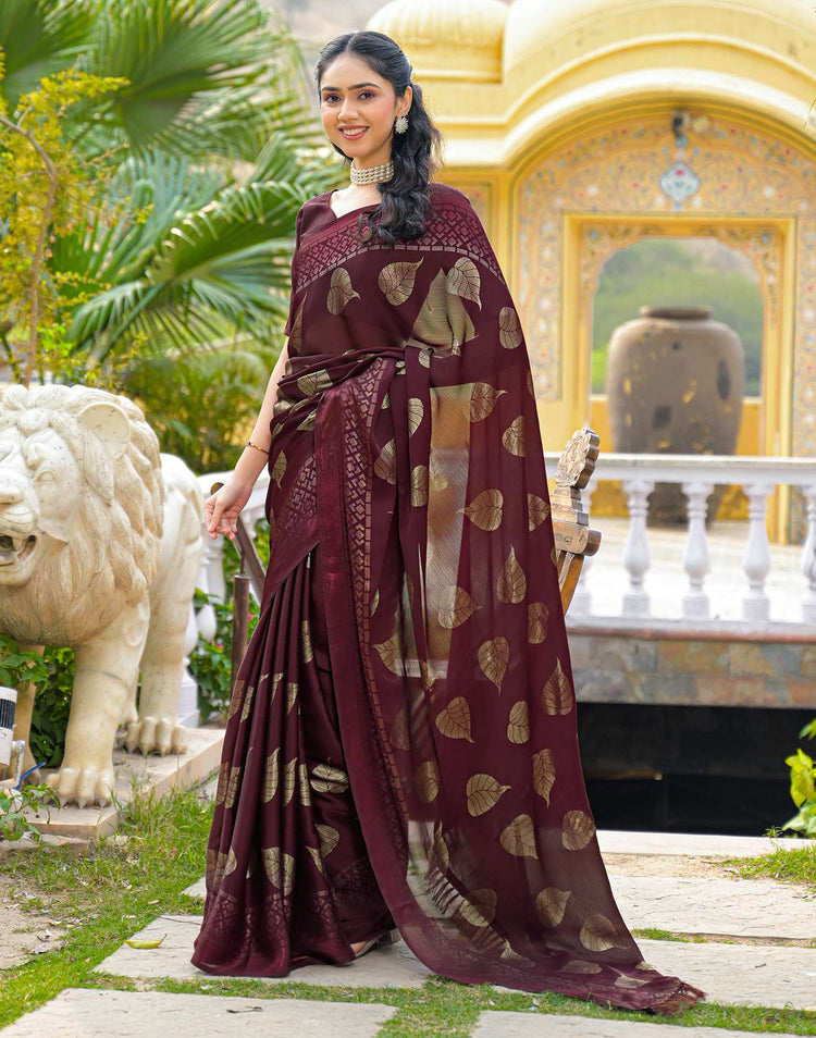 Maroon Chiffon Foil Printed Saree