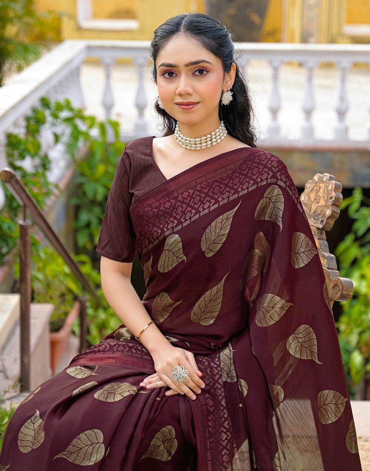 Maroon Chiffon Foil Printed Saree