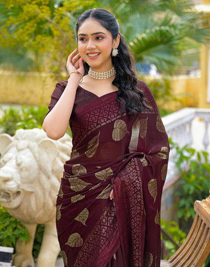 Maroon Chiffon Foil Printed Saree