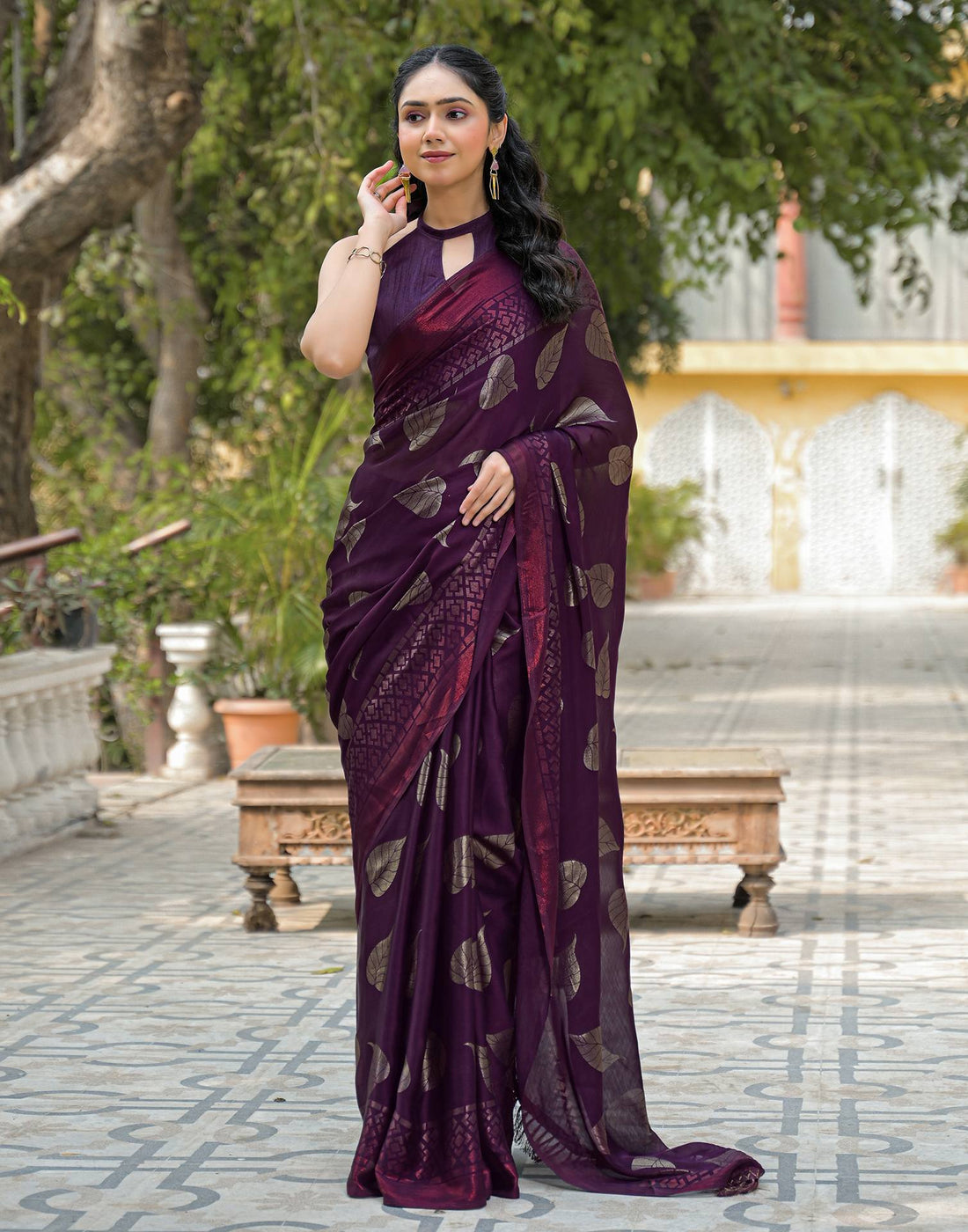 Wine Chiffon Foil Printed Saree