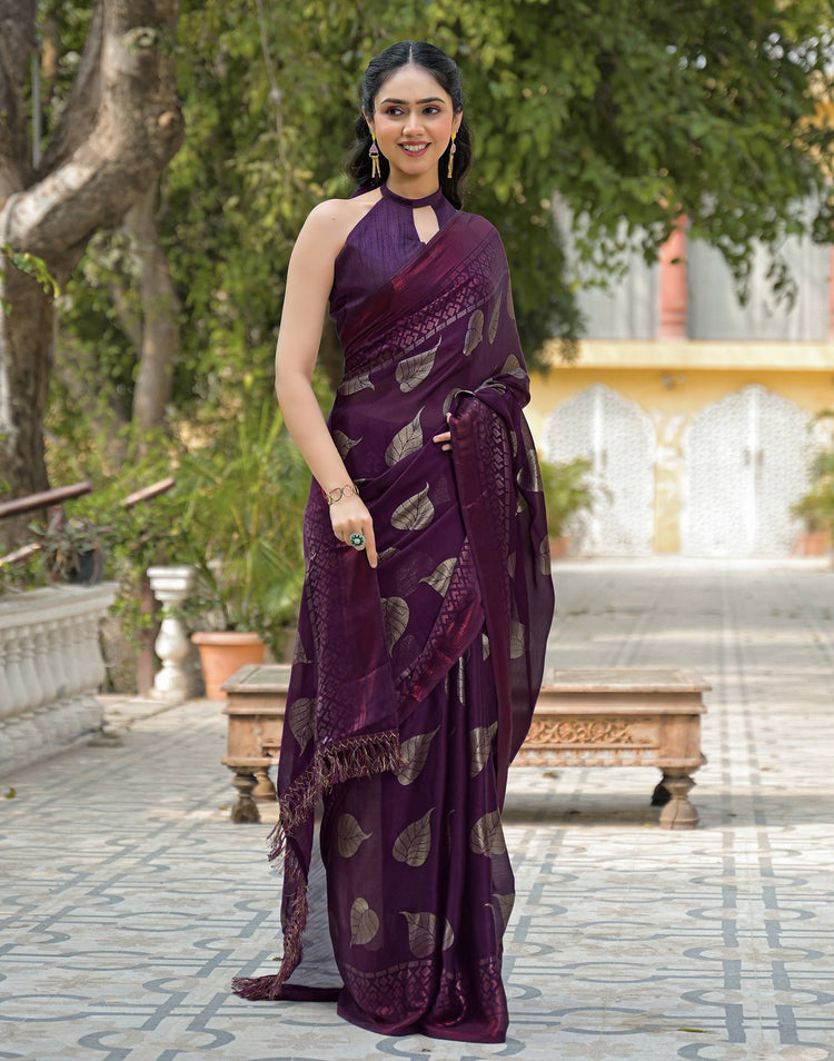 Wine Chiffon Foil Printed Saree