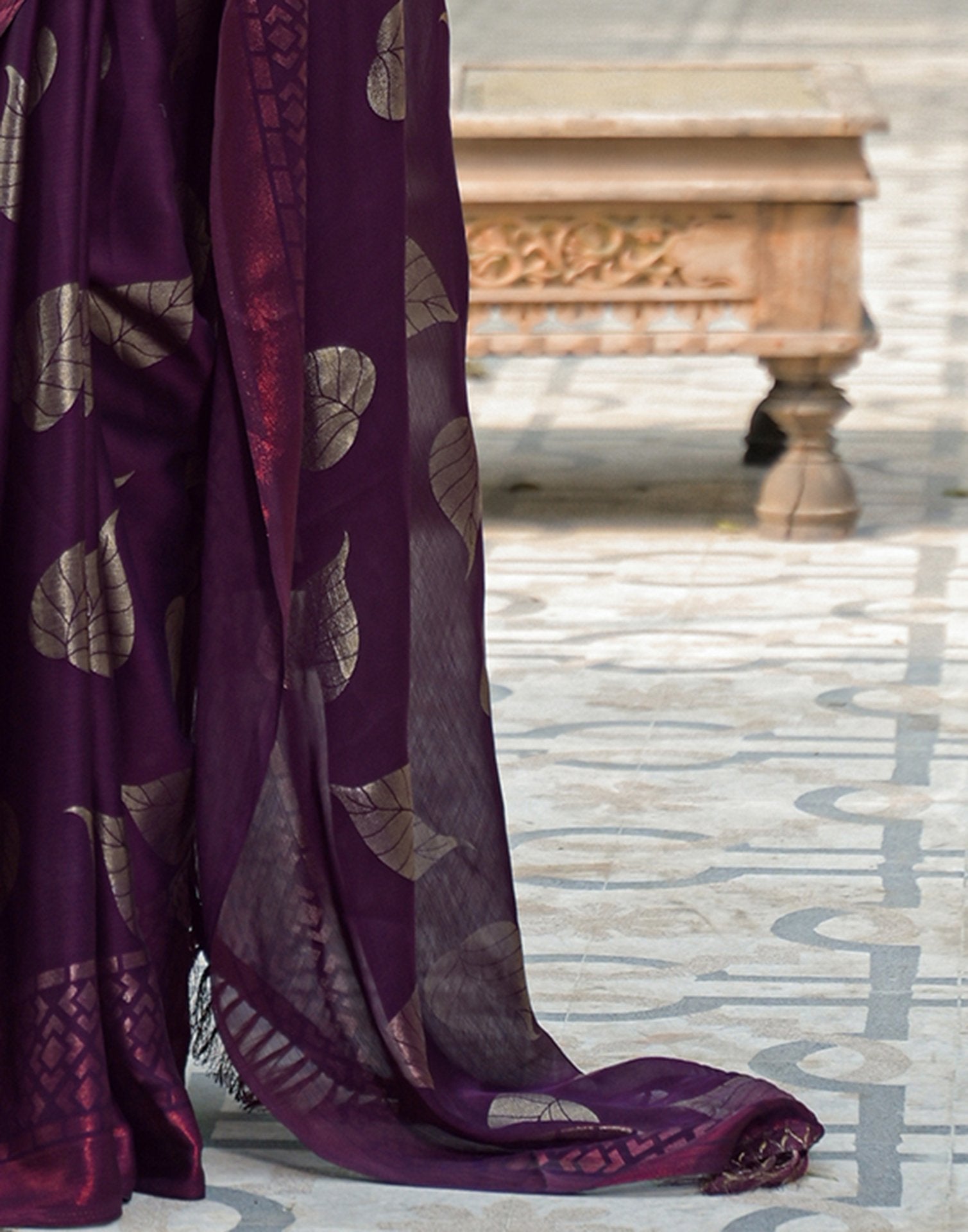 Wine Chiffon Foil Printed Saree