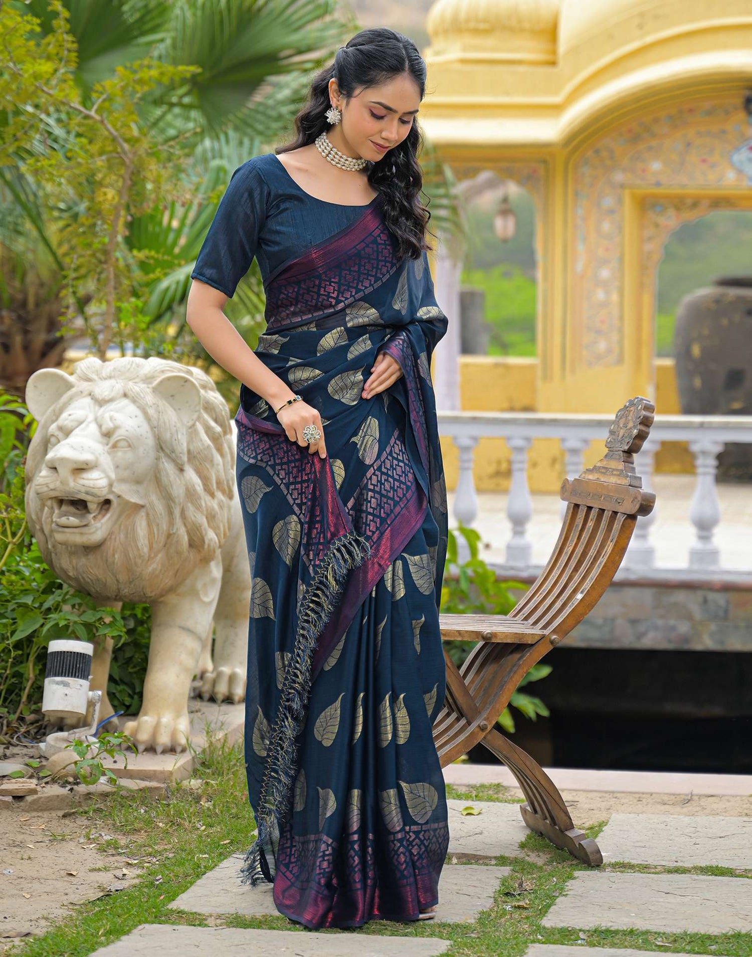 Rama Blue Chiffon Foil Printed Saree