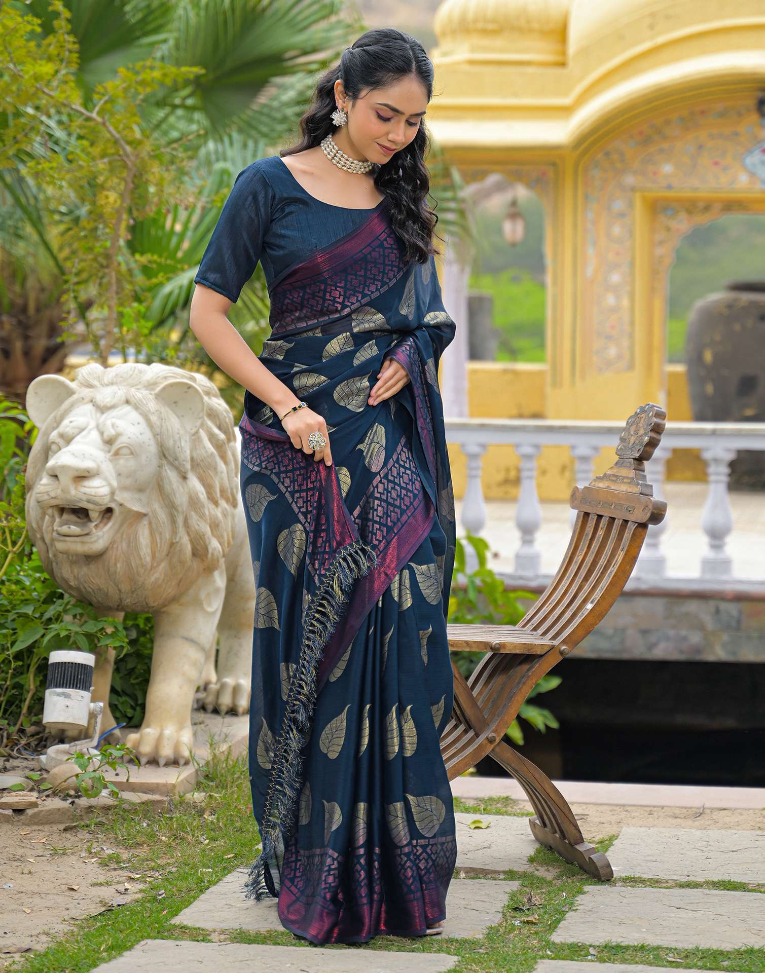 Rama Blue Chiffon Foil Printed Saree