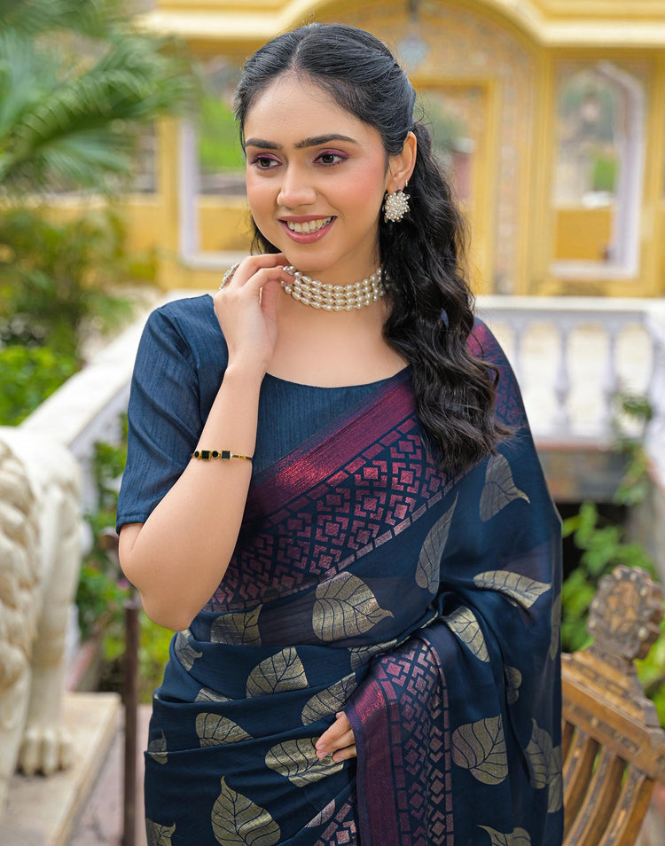 Rama Blue Chiffon Foil Printed Saree