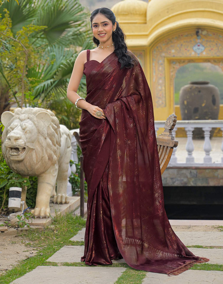 Maroon Chiffon Foil Printed Saree