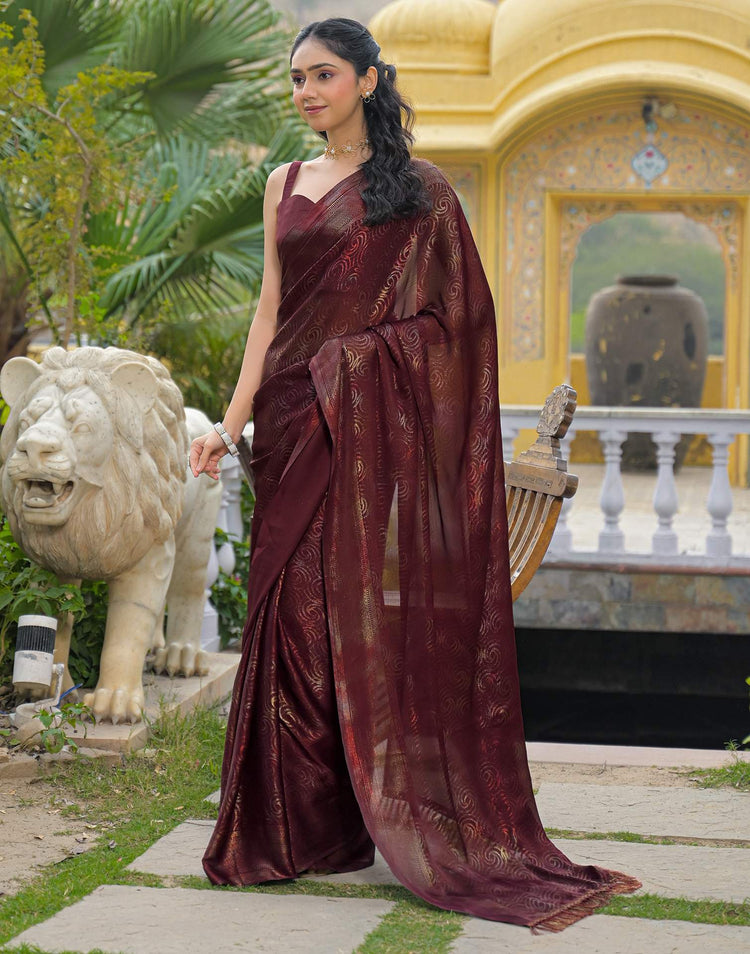 Maroon Chiffon Foil Printed Saree