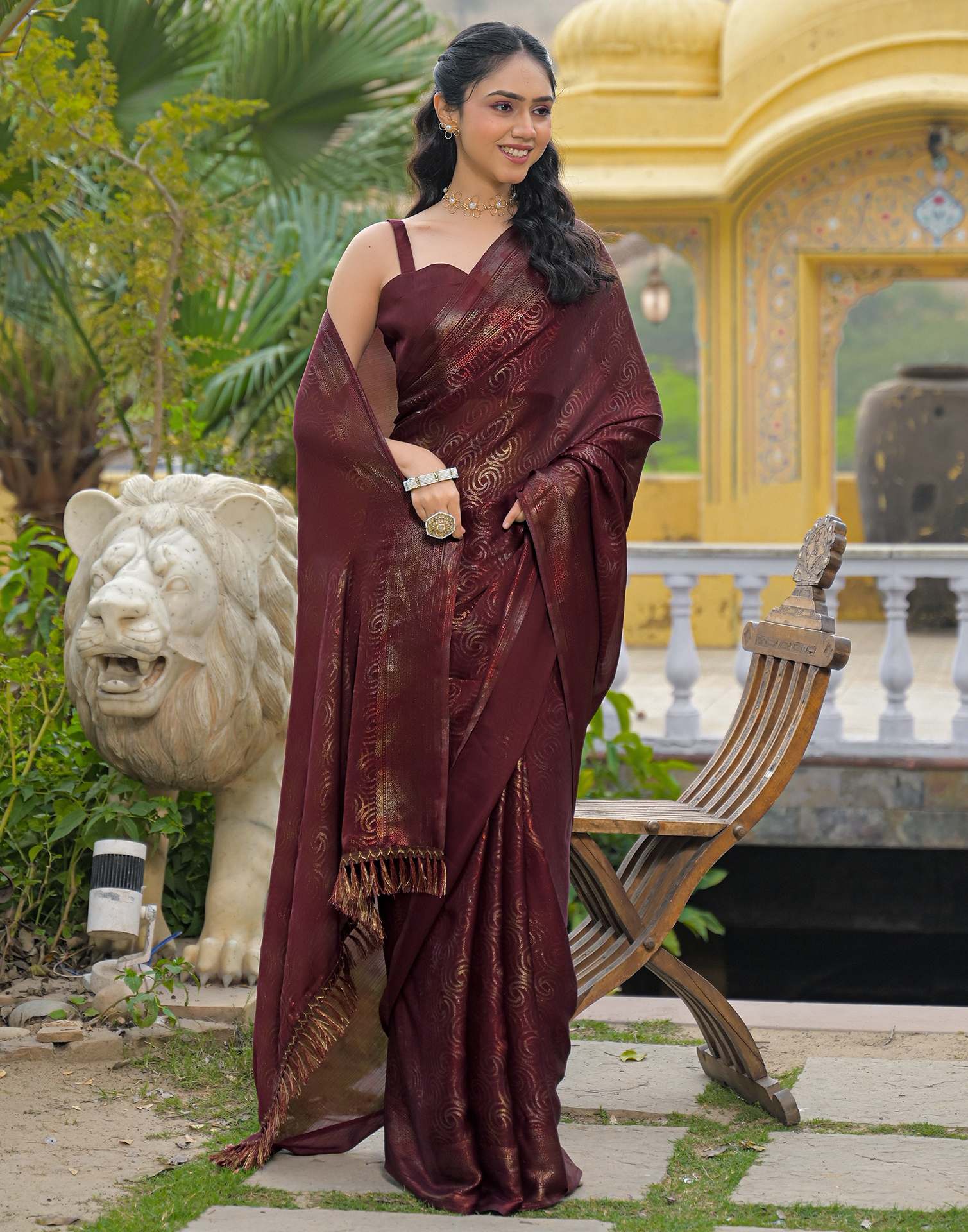 Maroon Chiffon Foil Printed Saree