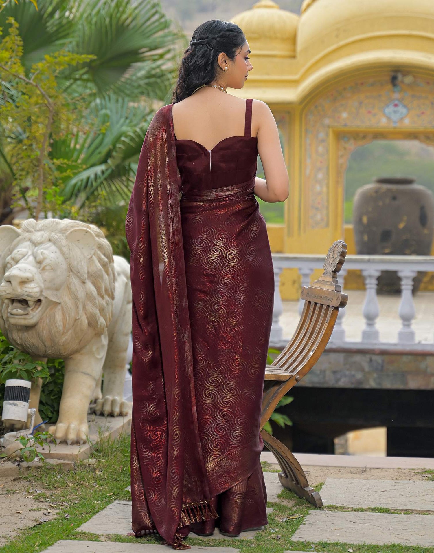 Maroon Chiffon Foil Printed Saree