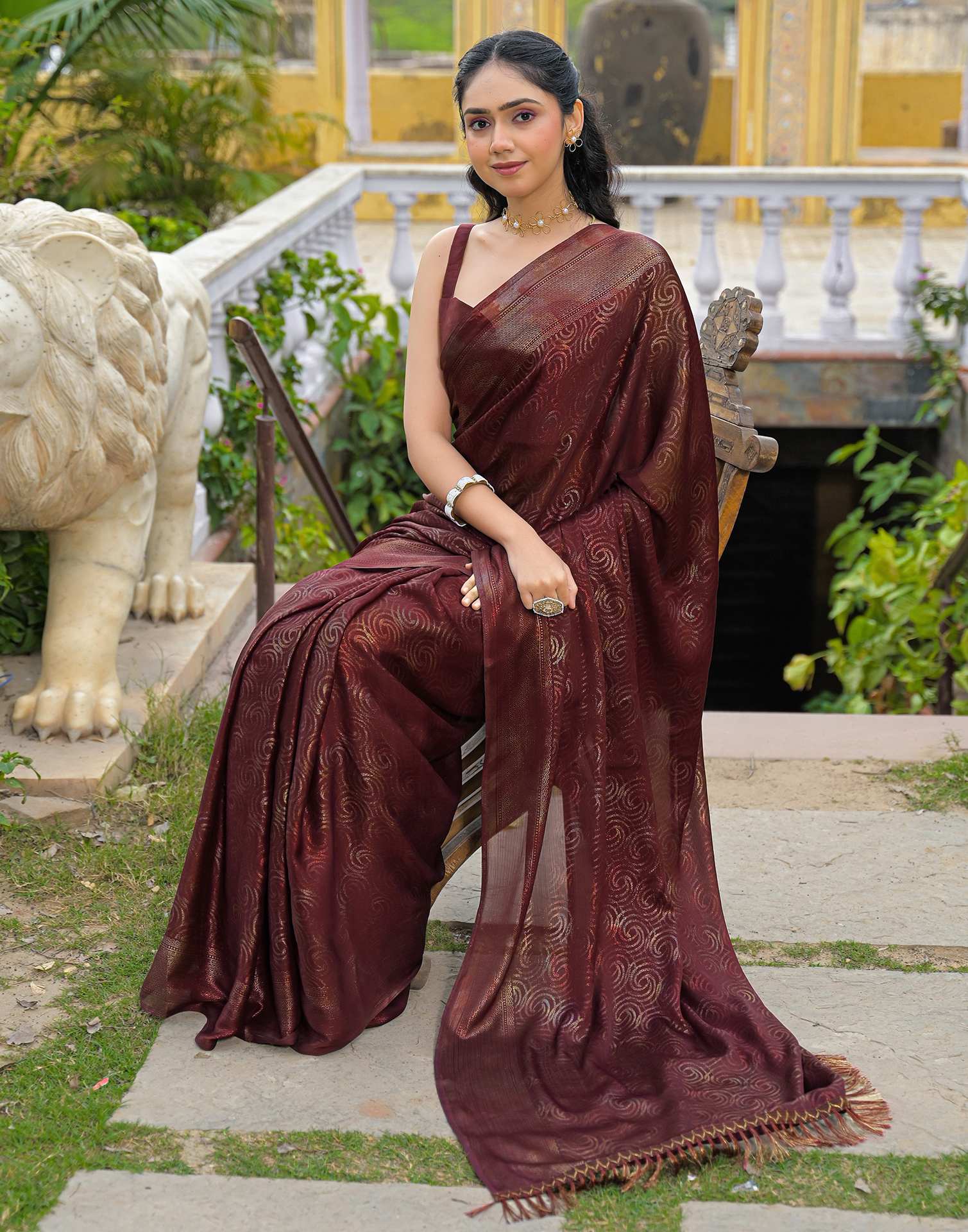 Maroon Chiffon Foil Printed Saree