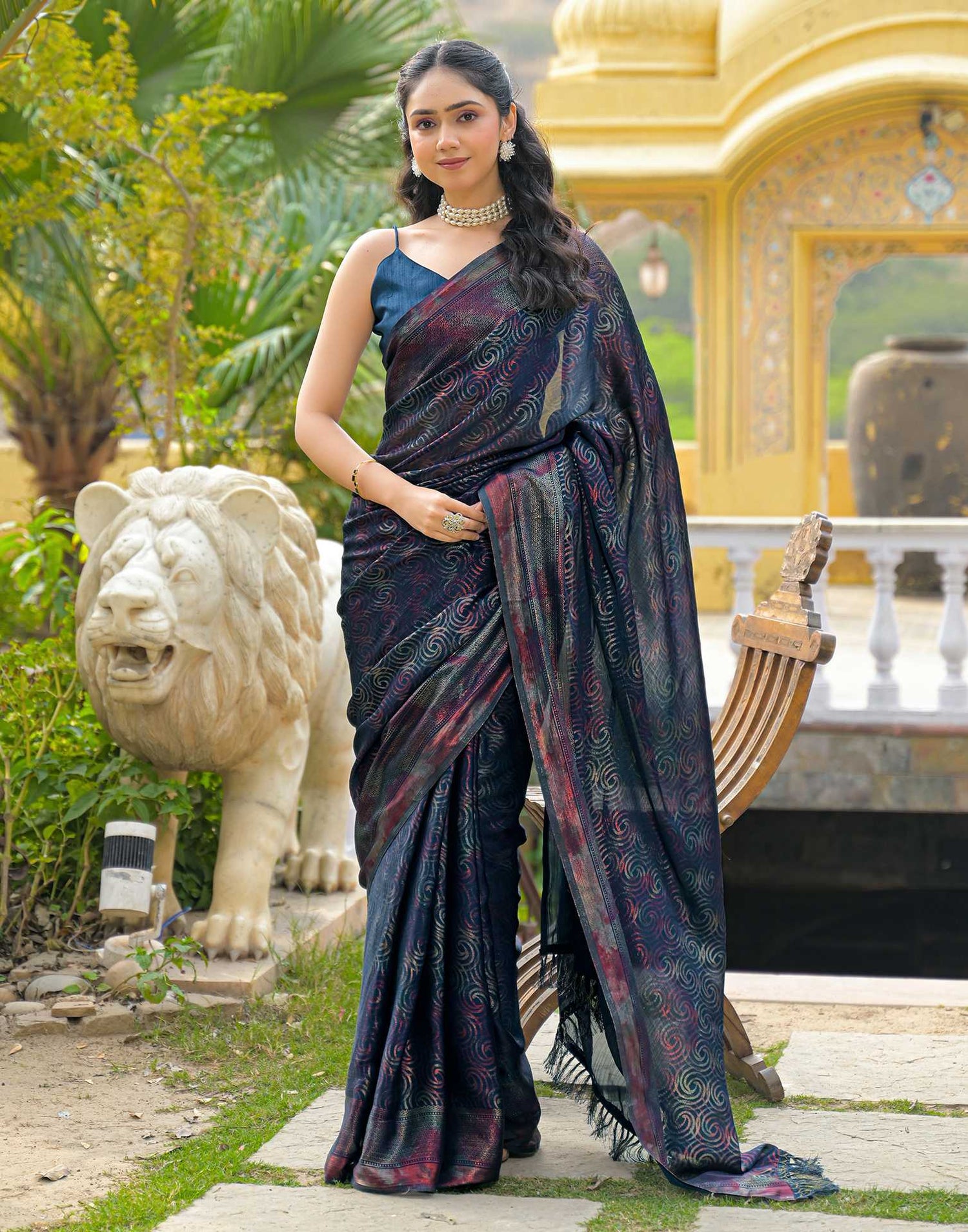 Rama Blue Chiffon Foil Printed Saree