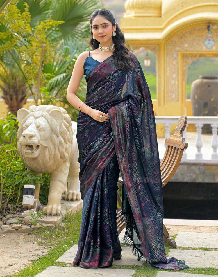 Rama Blue Chiffon Foil Printed Saree