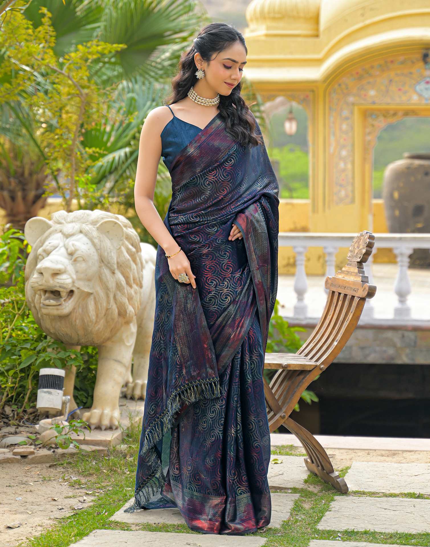 Rama Blue Chiffon Foil Printed Saree