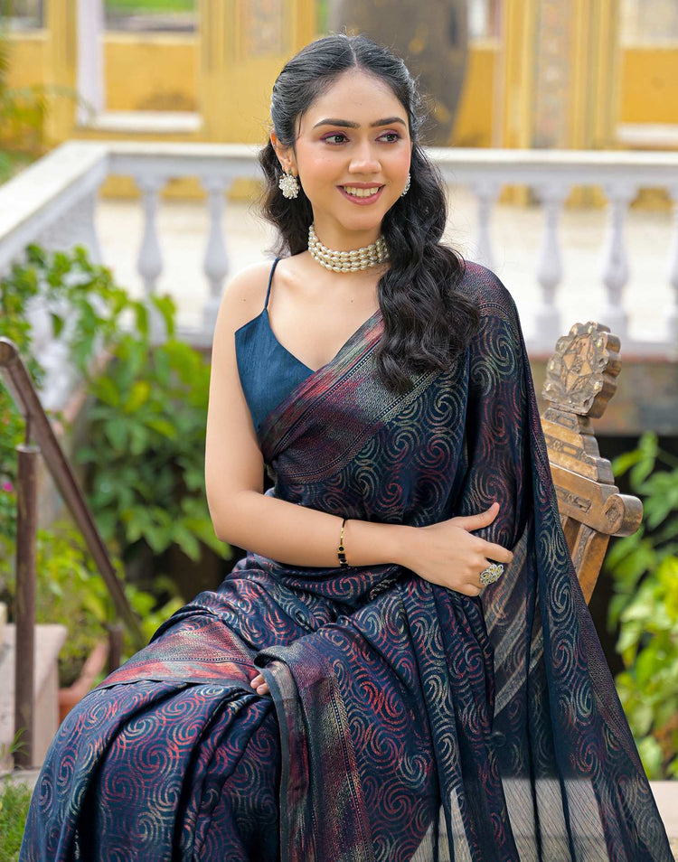 Rama Blue Chiffon Foil Printed Saree
