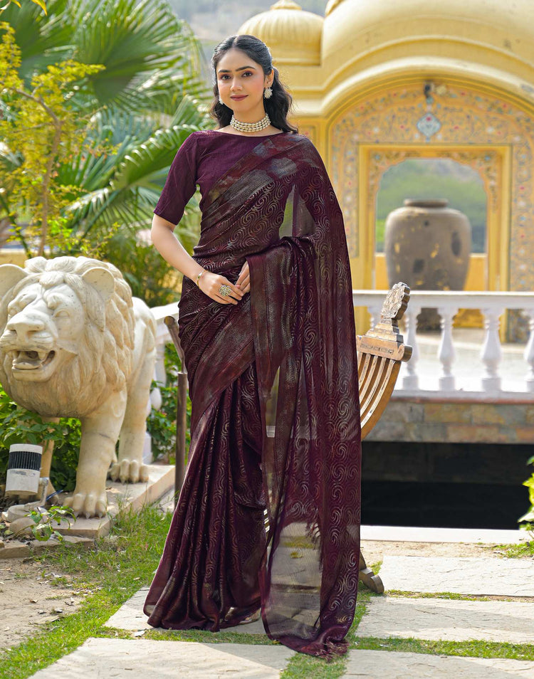 Dark Purple Chiffon Foil Printed Saree