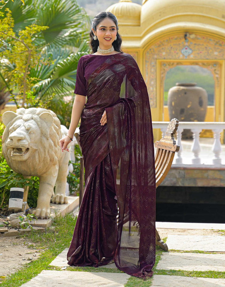 Dark Purple Chiffon Foil Printed Saree