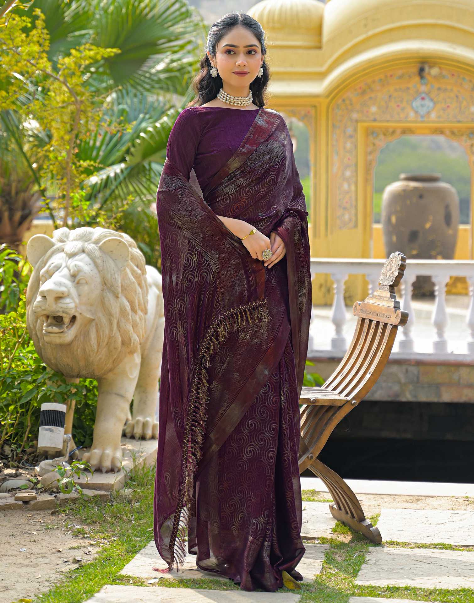 Dark Purple Chiffon Foil Printed Saree