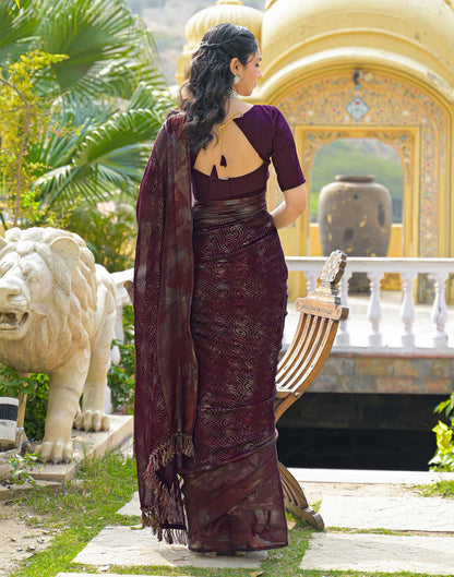 Dark Purple Chiffon Foil Printed Saree