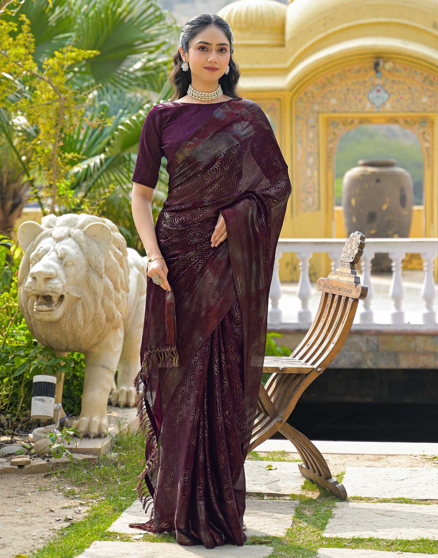 Dark Purple Chiffon Foil Printed Saree