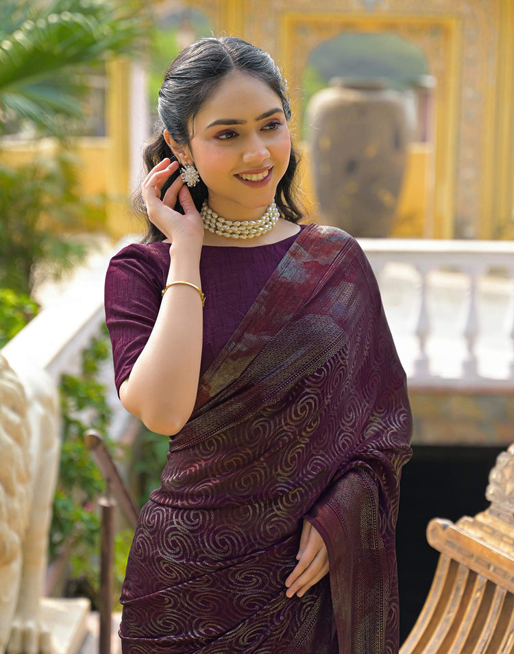 Dark Purple Chiffon Foil Printed Saree