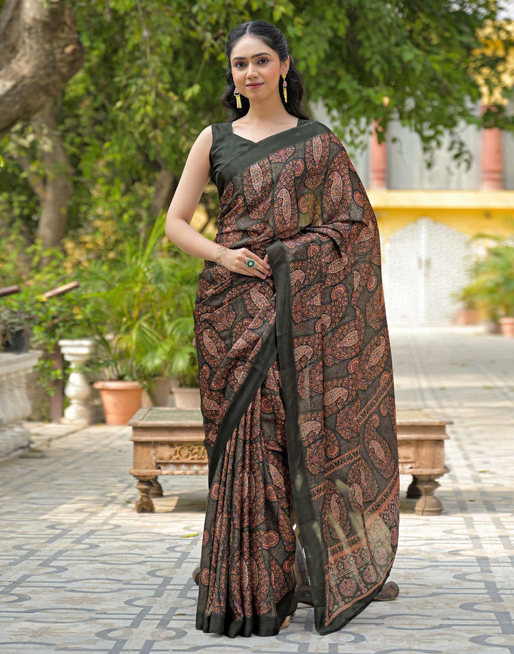 Bottle Green Satin Chiffon Printed Saree