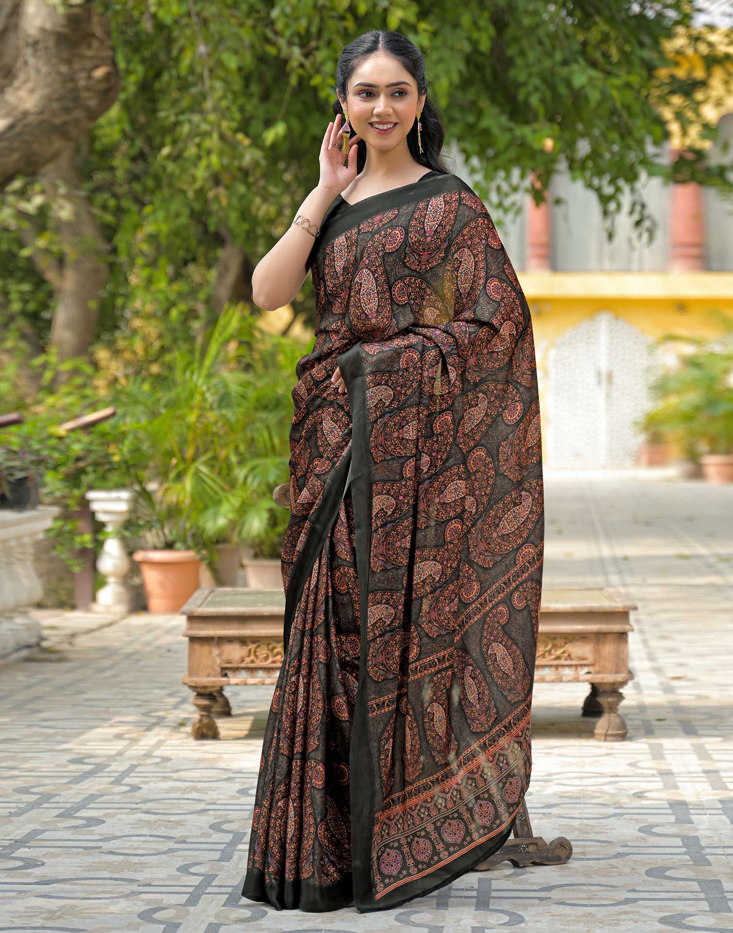 Bottle Green Satin Chiffon Printed Saree