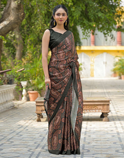 Bottle Green Satin Chiffon Printed Saree