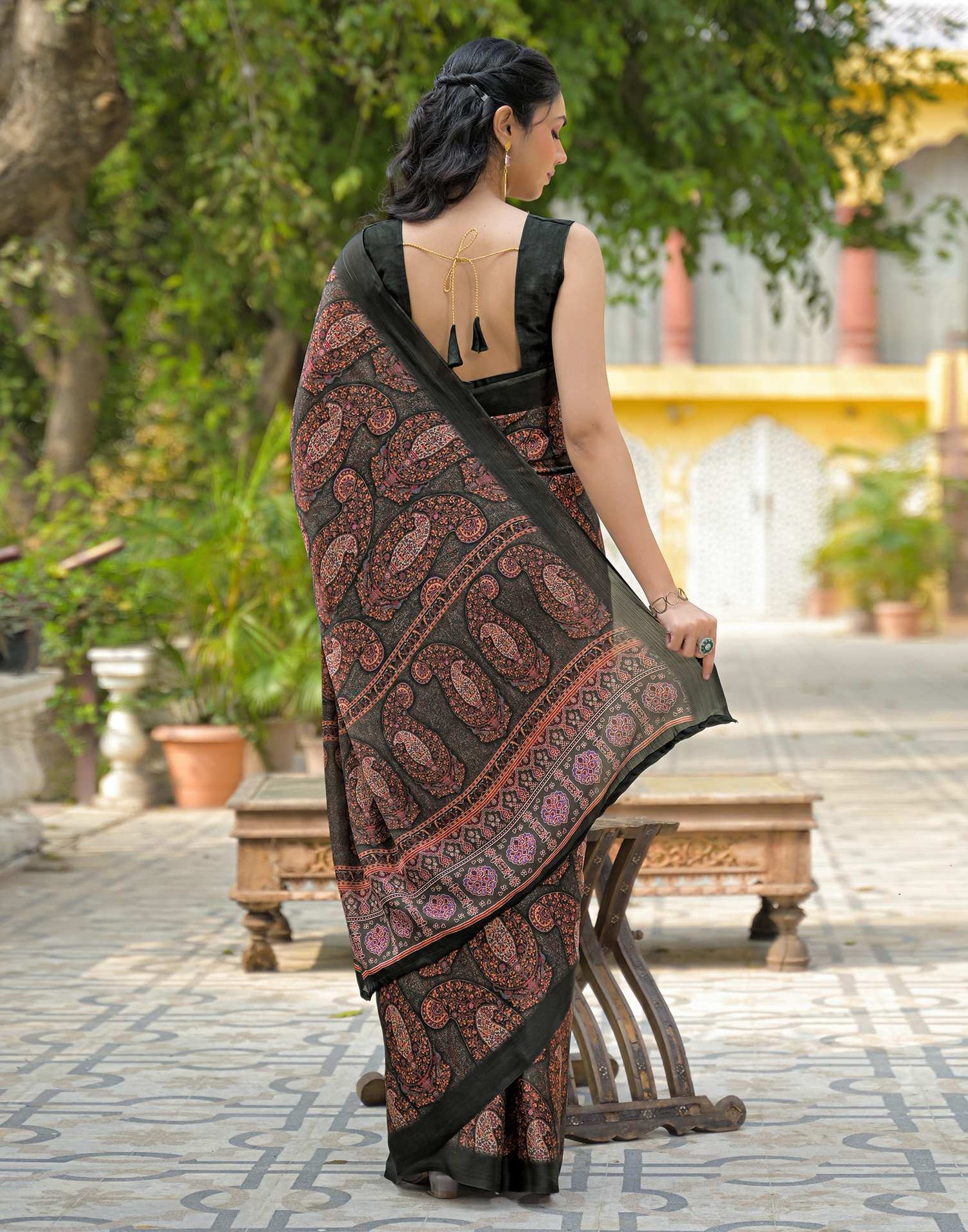 Bottle Green Satin Chiffon Printed Saree