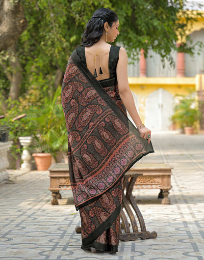 Bottle Green Satin Chiffon Printed Saree