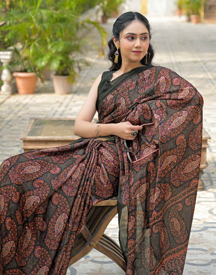 Bottle Green Satin Chiffon Printed Saree