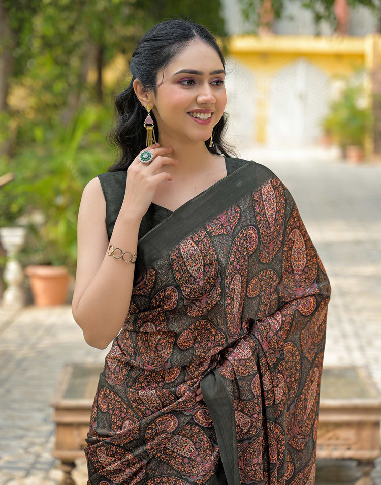 Bottle Green Satin Chiffon Printed Saree