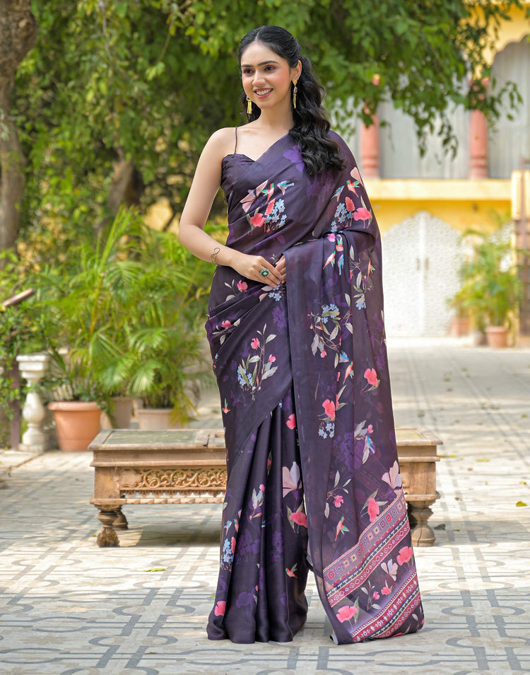 Navy Blue Satin Chiffon Floral Printed Saree