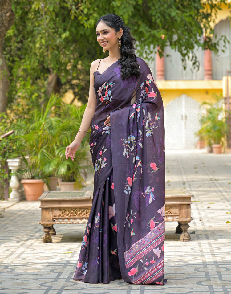 Navy Blue Satin Chiffon Floral Printed Saree
